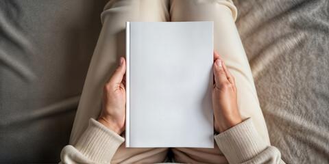 Fototapeta premium Top-down view of a person holding a plain white blank book or magazine mockup.