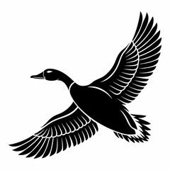 Obraz premium Familiar Duck silhouette vector icon, depicted in a characteristic flying pose with outstretched neck. This clean, black graphic is ideal for nature scenes, hunting themes, or rural designs.