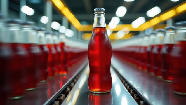 Botella de refresco rodeada de botellas id&eacute;nticas que se mueven a lo largo de una cinta transportadora de una f&aacute;brica