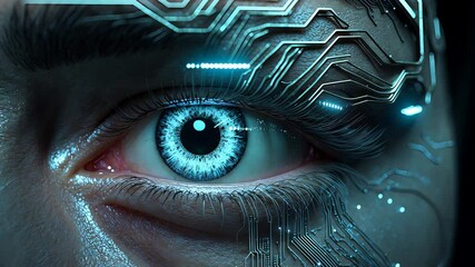 Close-up of human eye enhanced with futuristic cybernetic circuits and glowing blue iris in a high-tech artificial intelligence concept

 - Powered by Adobe