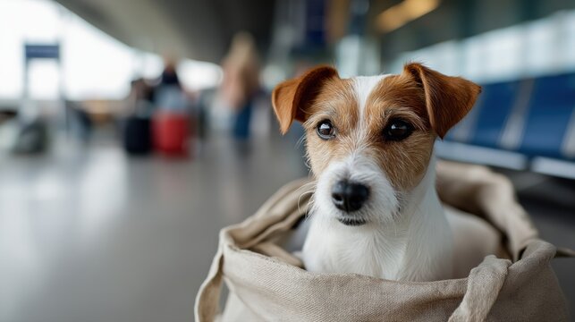  A charming Jack Russell Terrier dog sits comfortably in a travel bag at an airport terminal, showcasing the joy of traveling with your pet.