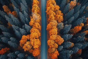 Colorful autumn trees frame a serene highway in a forest during early morning light