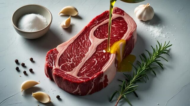 Raw organic marbled beef steak paired with cooking ingredients set against a background.