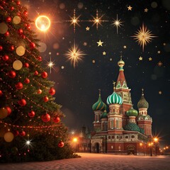 Fototapeta premium Magical Winter Night Christmas Tree, Cathedral, Fireworks, Holiday Lights, Winter Wonderland Christmas, Festive