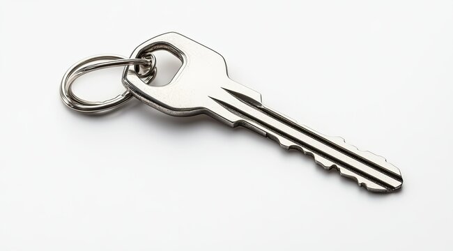 Metal key on a keyring against white background