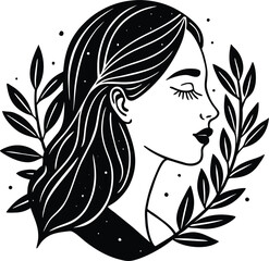 Beautiful floral vector silhouette of a woman's face with long flowing hair