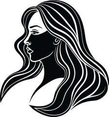 Glamourous long-haired woman illustration with elegant face and profile in black line art style