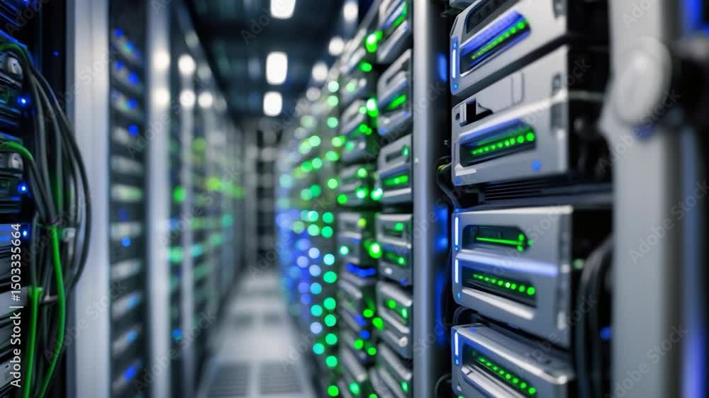 Poster data storage inside a server room featuring a row of hard drives