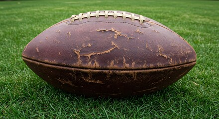 Fototapeta premium A cracked leather football panel on grass turf