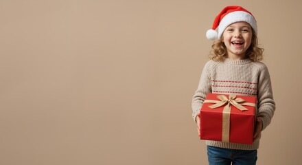 Fototapeta premium Young girl smiling while holding a Christmas gift in winter 