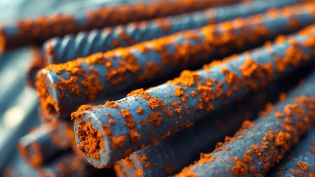Intimate view of rusty construction rebar. Corrosion alters exposed metal.