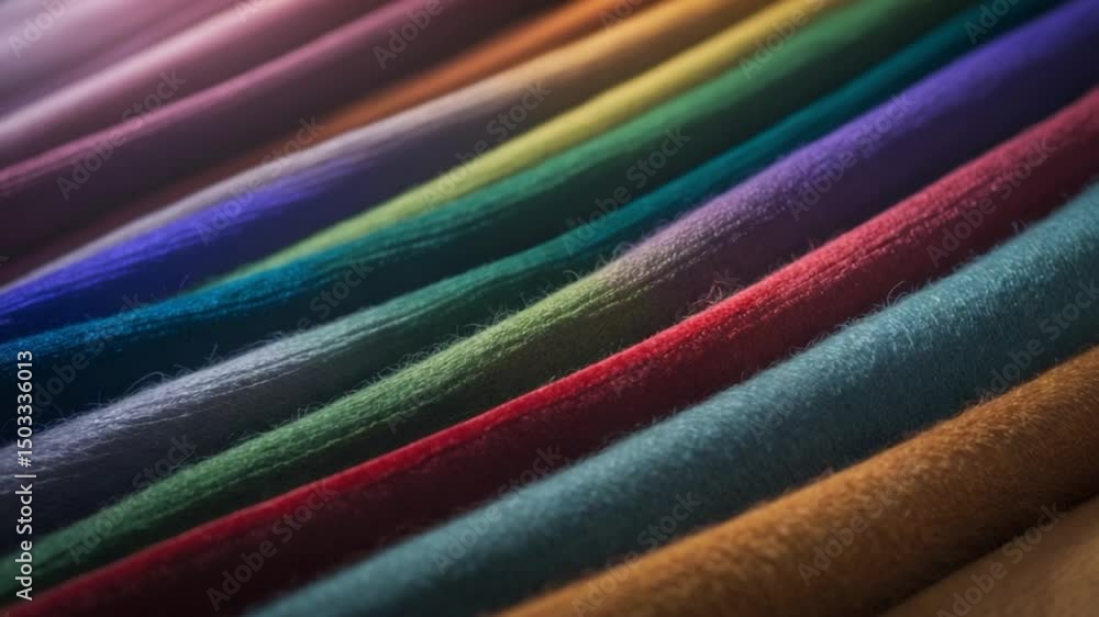 Poster Collection of fabric samples in various colors, backdrop. Range of multicolored textiles.
