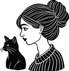 Girl with a black and white cat vector illustration