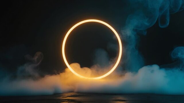 Modern sci-fi artwork showcasing a geometric circle and round mystical portal with futuristic smoke, set on a dark backdrop