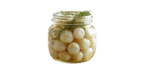 Jar of pickled onions with dill isolated on transparent background