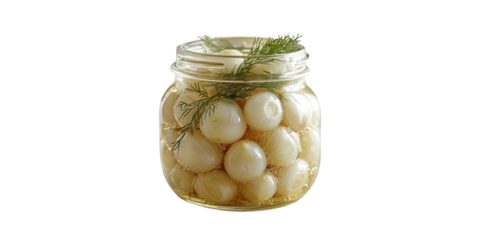 Jar of pickled onions with dill isolated on transparent background