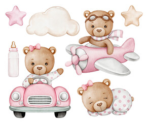 Watercolor Teddy Bear Girl in Car and Airplane Clipart Set
