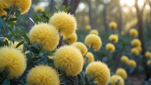 Fragrant yellow wattle acacia species in bloom provides a soft, lovely, fluffy aroma and sustenance for native bird species.