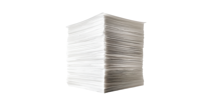 Towering Stack Of Paper Sheets. Symbol Of Office Workload And Document Management Isolated On Transparent Background