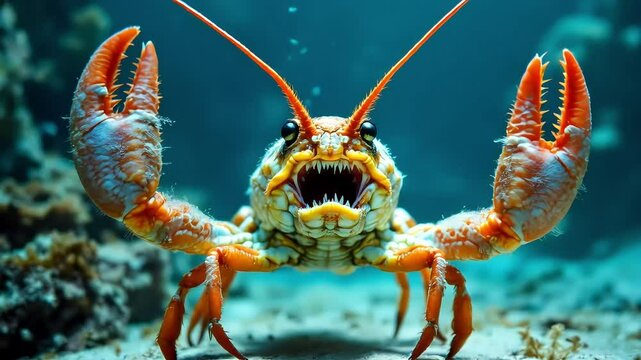  A lobster releasing a defensive hiss-like roar underwater, raising its claws in warning