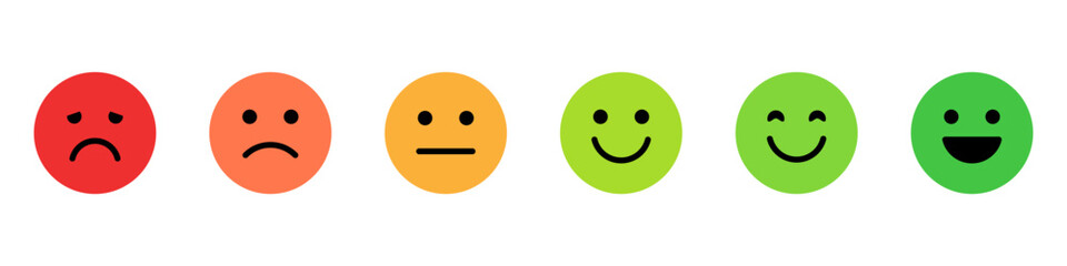 Feedback emoji icons vector. good and bad emoticon signs - Happy and Sad reaction. 6 Color faces, Smiley rating icon set , happy, neutral, sad, emojis. Vector illustration