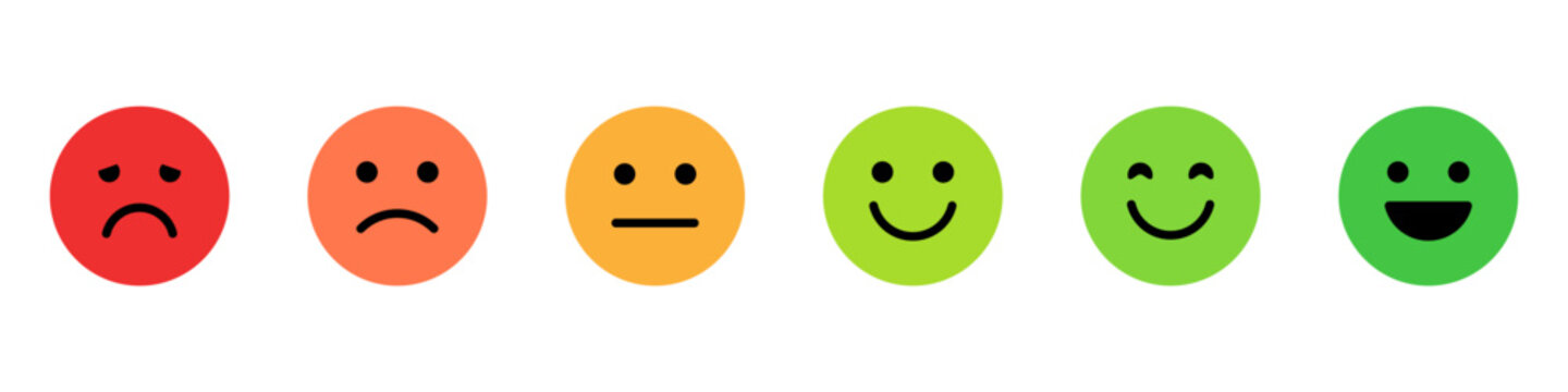 Feedback emoji icons vector. good and bad emoticon signs - Happy and Sad reaction. 6 Color faces, Smiley rating icon set , happy, neutral, sad, emojis. Vector illustration
