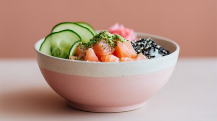 Minimalist Salmon Poke Bowl with Black Rice and Cucumber on Blush Background – Healthy Food and Editorial Style