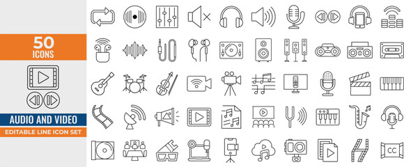 Audio & Video Line Icon Set – Editable Vector Icons of Multimedia, Sound Instruments, Playback Controls & Media Devices