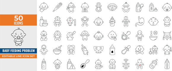 Baby Feeding Problem Icon Set – Vector Line Illustrations of Food Allergy, Colic, Reflux, Spitting, Crying, Discomfort, Temperature & Spoon