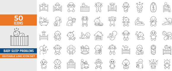 Baby Sleep Problrm Line Icon Set &ndash; Vector Line Illustrations of Awake Infants, Toddler Tantrums, Yawning, Crying, Soothing & Sleep Troubles&rdquo;