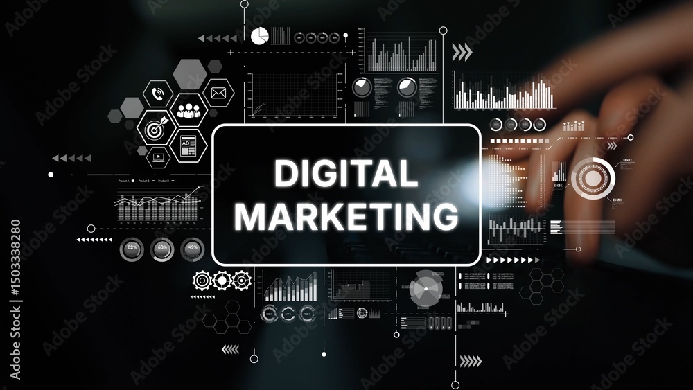 Poster digital marketing concept with data analysis and graphs on modern background for online business str