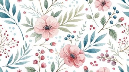 Watercolor Floral Seamless Pattern Pink Flowers, Berries, Greenery, Botanical Illustration Floral Pattern, Watercolor painting