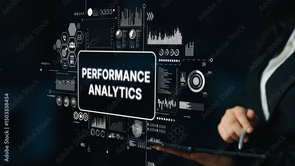 Poster business professional using digital tablet for performance analytics and data visualization in moder