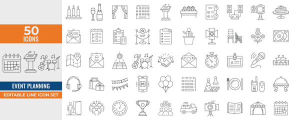 Event Planning Line Icon Set – Vector Outline Collection of Venue, Decorations, Catering, Invitations, Entertainment & Coordination Symbols