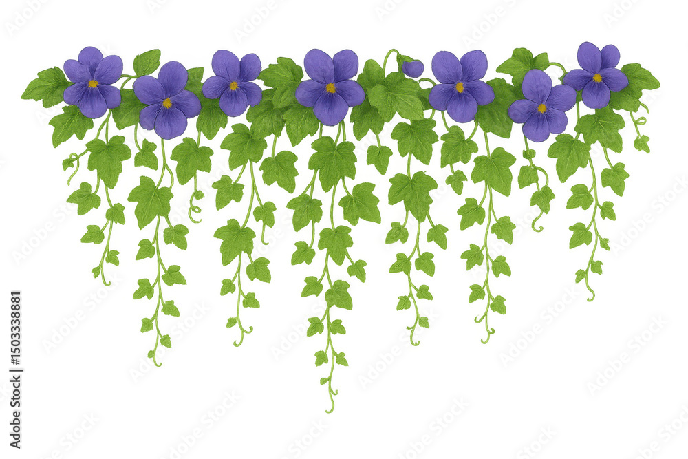 Poster elegant horizontal banner displaying cascading ivy with vivid violet blossoms, creating sophisticate