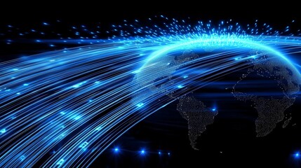 Global Network Blue Fiber Optic Stream around Earth, Digital Globe, Connectivity Global Network, Fiber Optics, Digital World