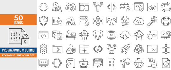 Programming & Coding Line Icon Set &ndash; Editable Vector Icons for Developers, Software Development, APIs, IT, and Code Tools