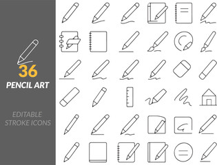 Vector Line Art Editable Stroke Pencil Art Icons Drawing, Writing And Creative Tool Symbol Set








