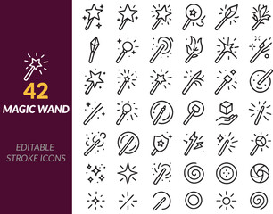 Editable Stroke Magic Wand Icons Fantasy, Sparkle And Enchanted Spell Symbol Set








