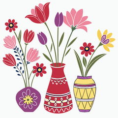 Stylized Flowers in Patterned Vases  with colorful stylized flowers in patterned vases. Perfect for home decor prints, posters, greeting cards, or digital art projects
