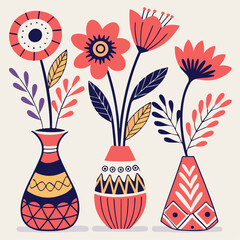 Stylized Flowers in Patterned Vases  with colorful stylized flowers in patterned vases. Perfect for home decor prints, posters, greeting cards, or digital art projects