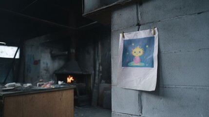 Child's drawing of sunflower in dimly lit industrial room with fireplace