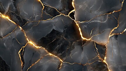 Detailed view of cracked dark gray stone with golden veins.
