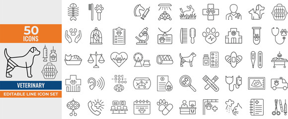Veterinary Icon Set – Vector Illustrations of Pet Care, Medical History, Vaccinations, Diagnostics, X-Rays, and Animal Health Services