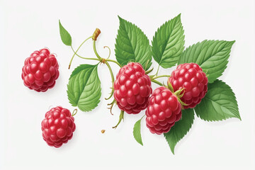 raspberries with leaves isolated on white background