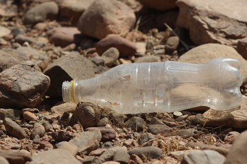 Obraz premium A plastic bottle lying on the ground, Plastic pollution, Plastic environmental impact