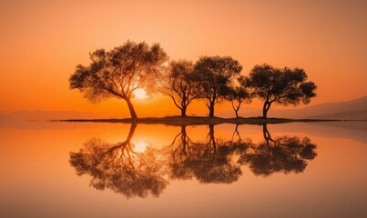 Silhouetted trees reflecting in a lake at sunset.