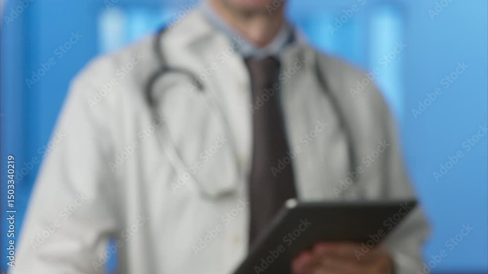 Poster medical checkup concept with doctor holding a symbol of stethoscope and magnifying glass with a chec