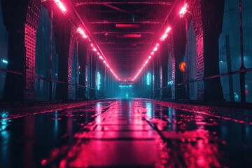 Dramatic lighting illuminates a bridge under heavy rain in a vibrant city at night with neon hues reflecting on wet surfaces