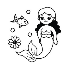 adorable mermaid girl coloring page with fish 